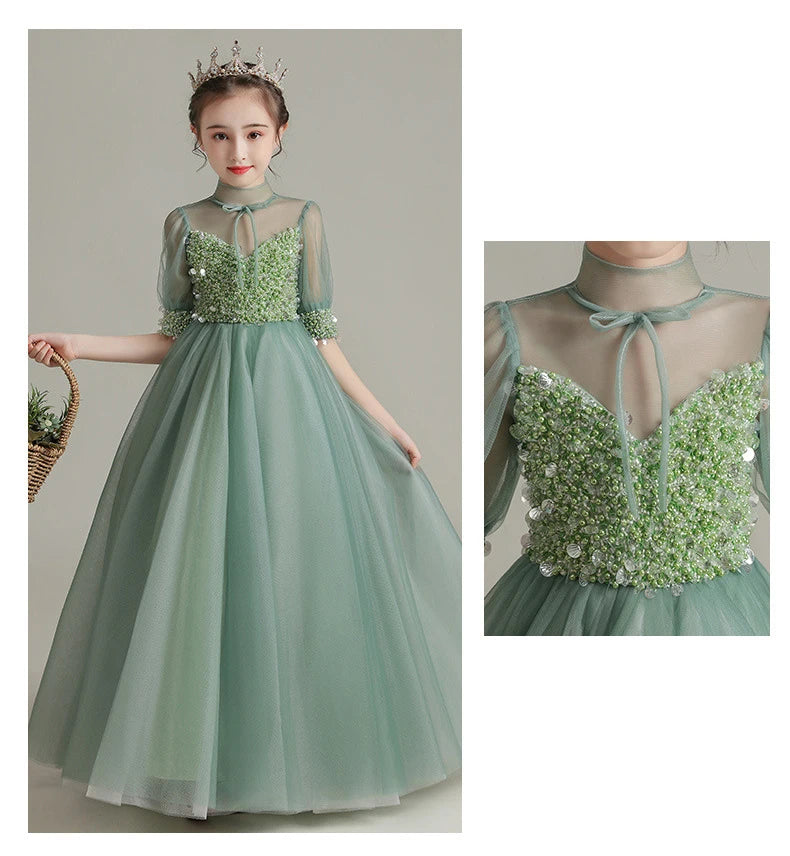 Children Clothing Green Dress for Girls 3 To 14 Year Elegant Formal Evening Dresses Long Luxury Cute Kid Wedding Party Ball Gown