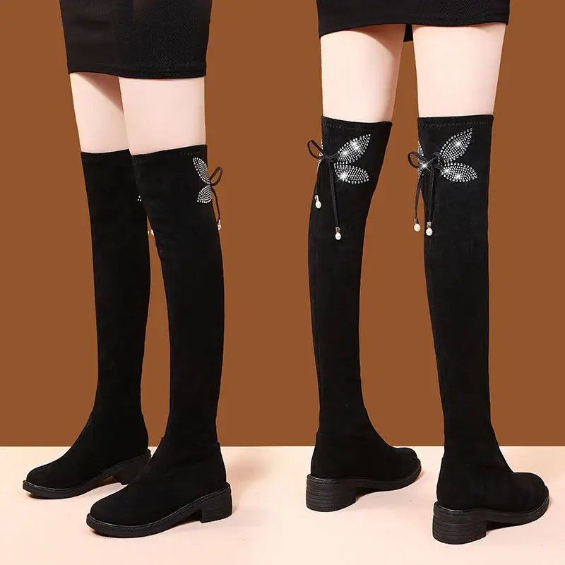 Women's Boots Rhinestone Shoes for Woman Thigh High Footwear Above Over The Knee Middle Heel with Laces Lace-up Quality New In