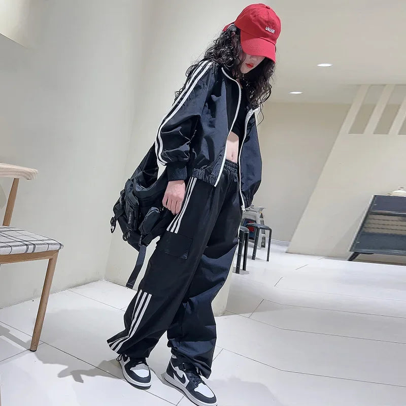 2025 New Girls Outfit Spring/fall Casual Striped Short Jacket  Wide Leg Pants 2-Pieces Fashion School Kids Sporty Tracksuit Set