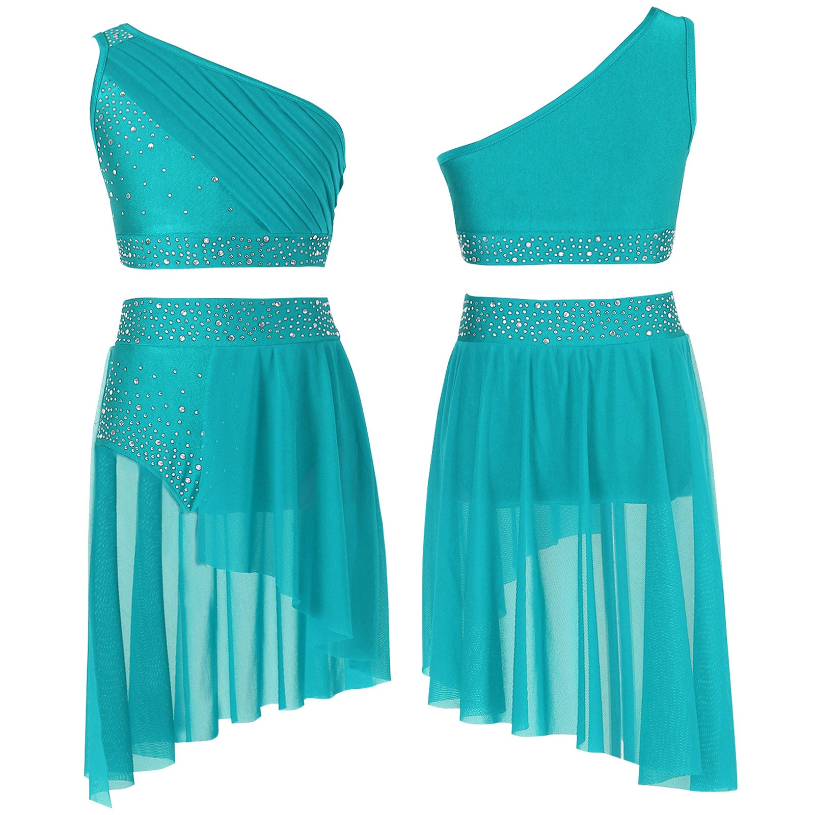 Girls Lyrical Dance Outfit Shiny One Shoulder Crop Top with Skirt for Jazz Skating Ballet Gymnastics Acrobatics Performance