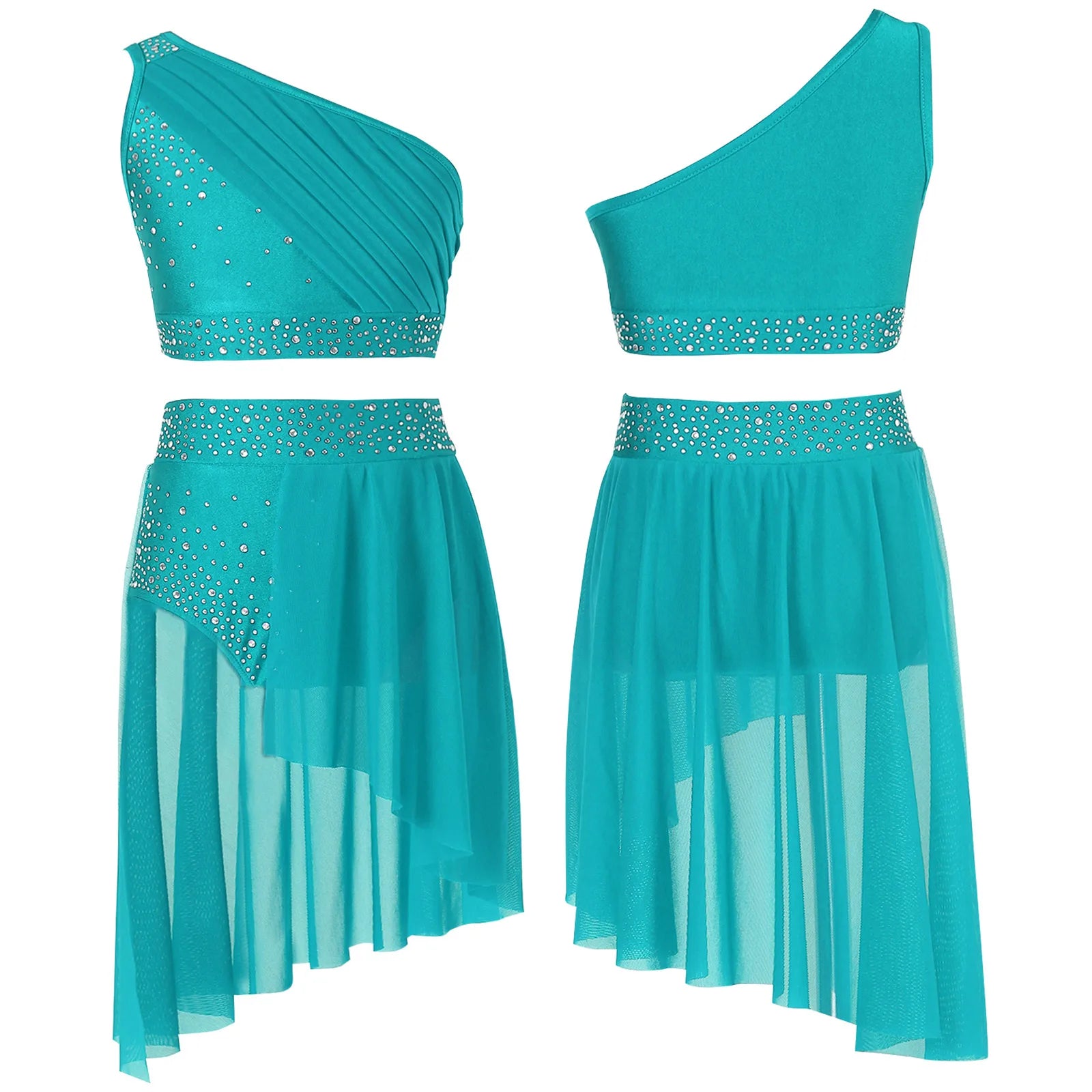 Girls Lyrical Dance Outfit Shiny One Shoulder Crop Top with Skirt for Jazz Skating Ballet Gymnastics Acrobatics Performance