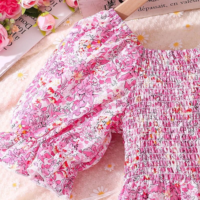 Girls Clothes 2024 New Summer Princess Dresses 8-12Y Shirred-Bodice Floral Puffed Sleeves Elegant Casual Kids Dress For Girls