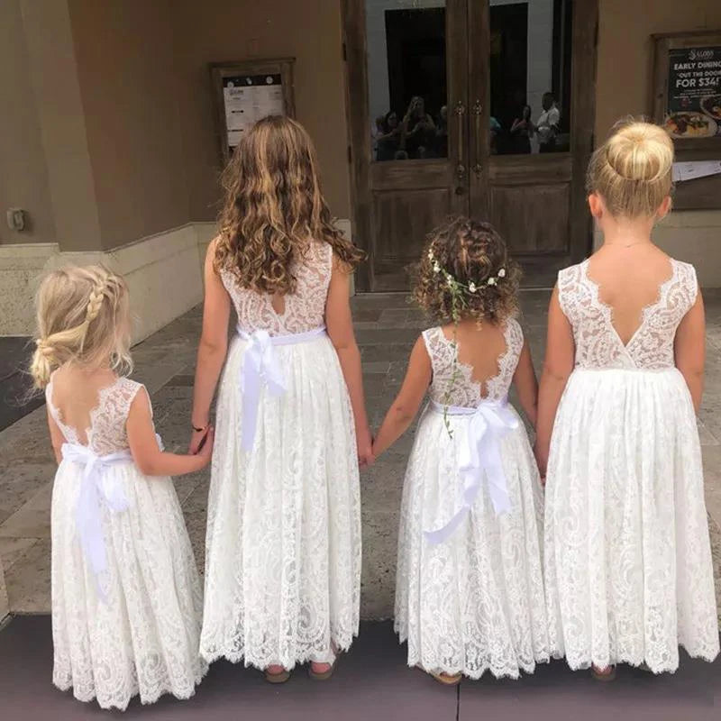 Girls Fashion Open Back Princess Dress 3-12 Years Old New Mesh Lace Long Dress Birthday Wedding Flower Girl Performance Clothing