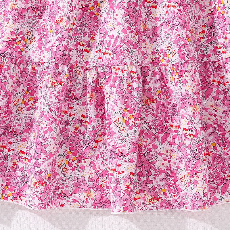 Girls Clothes 2024 New Summer Princess Dresses 8-12Y Shirred-Bodice Floral Puffed Sleeves Elegant Casual Kids Dress For Girls