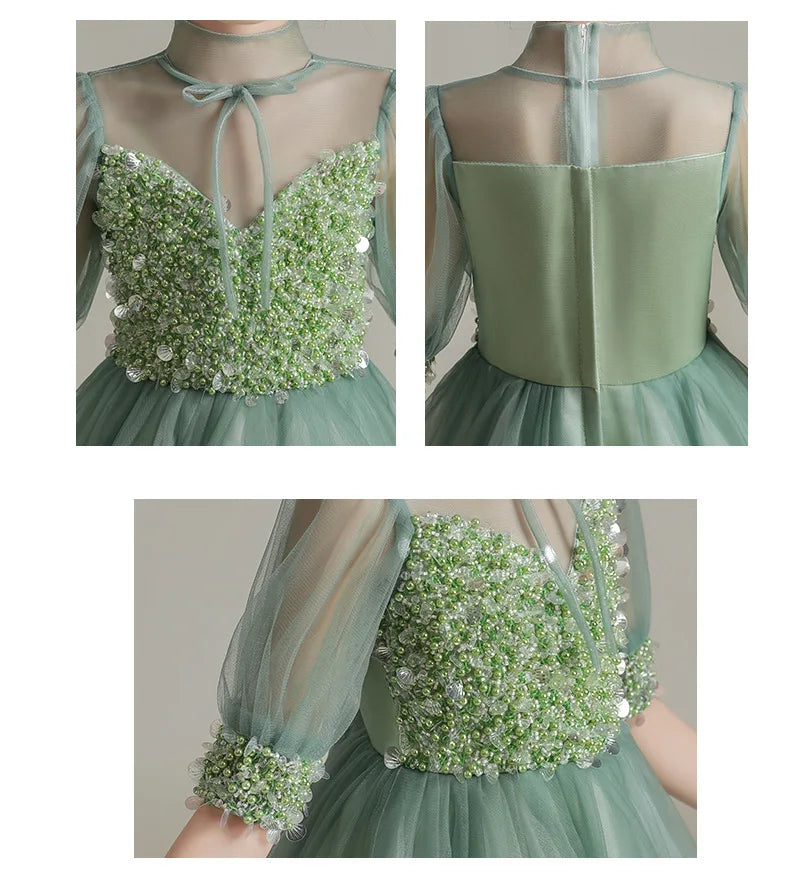 Children Clothing Green Dress for Girls 3 To 14 Year Elegant Formal Evening Dresses Long Luxury Cute Kid Wedding Party Ball Gown