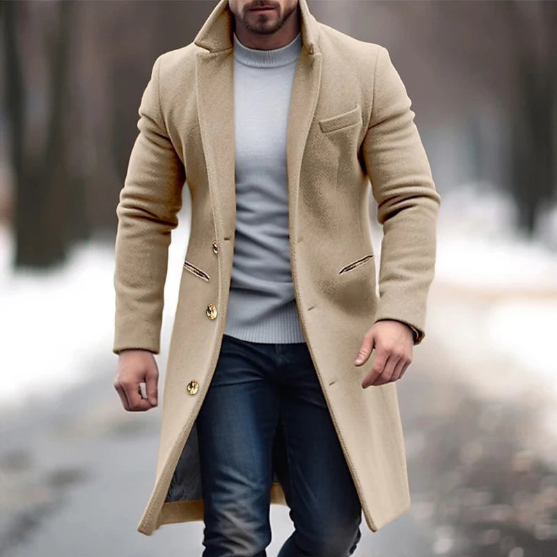Stylish Solid Color Mens Trench Jacket Coat Autumn Winter Outdoor Casual Wool Blend Overcoats Men Vintage Single-breasted Coats