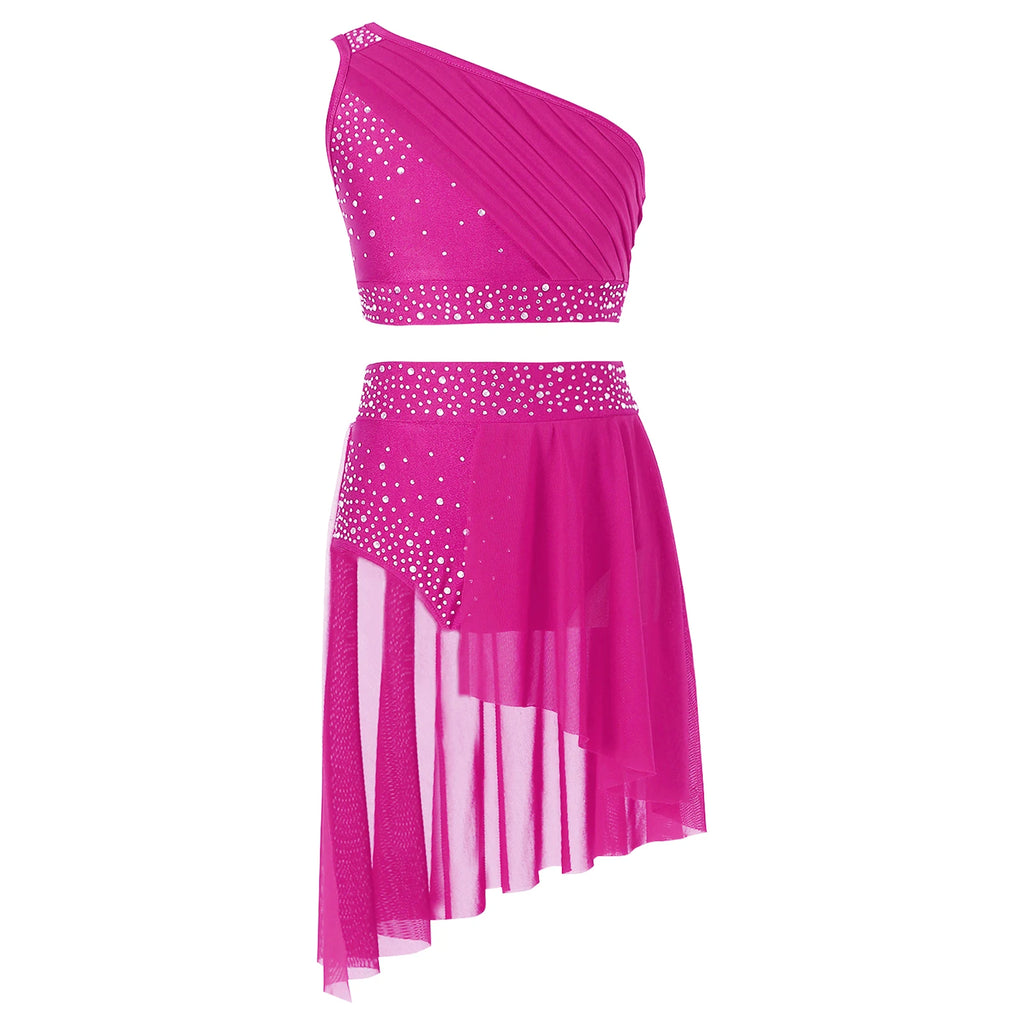 Girls Lyrical Dance Outfit Shiny One Shoulder Crop Top with Skirt for Jazz Skating Ballet Gymnastics Acrobatics Performance
