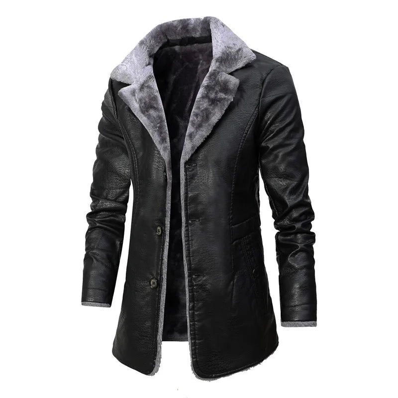 Men's Long Leather Coat PU Jacket for Men Winter Warm Fleece Lined Business Overcoat Trench Mens Outerwear Motorcycle Jacket