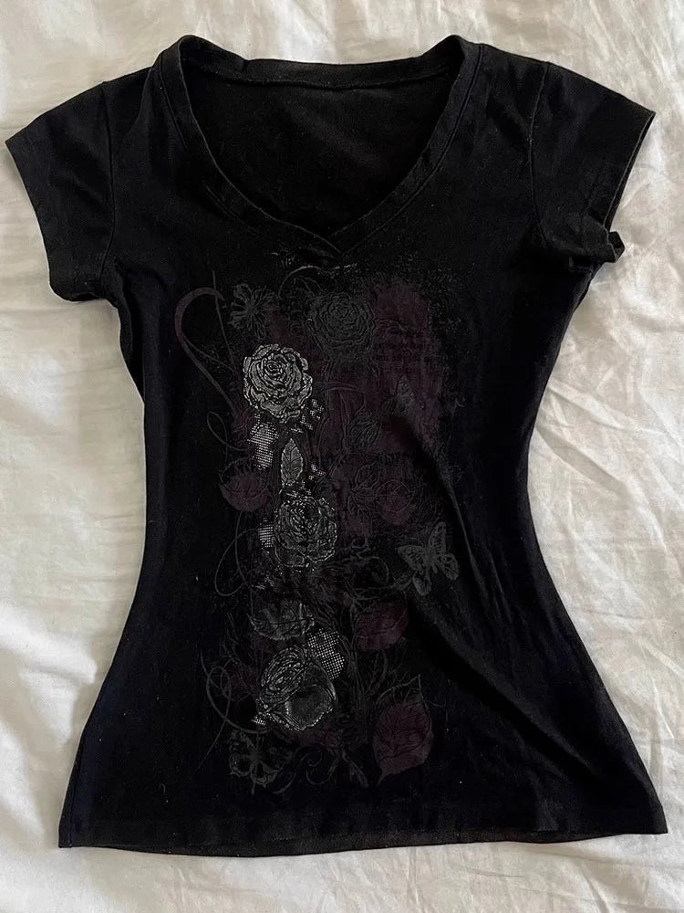 Gothic Girly T Shirts Korea Summer 2000s Casual  Femme's Clothing Vintage Rose print Harajuku Grunge  Gyaru Streetwear T Shirt