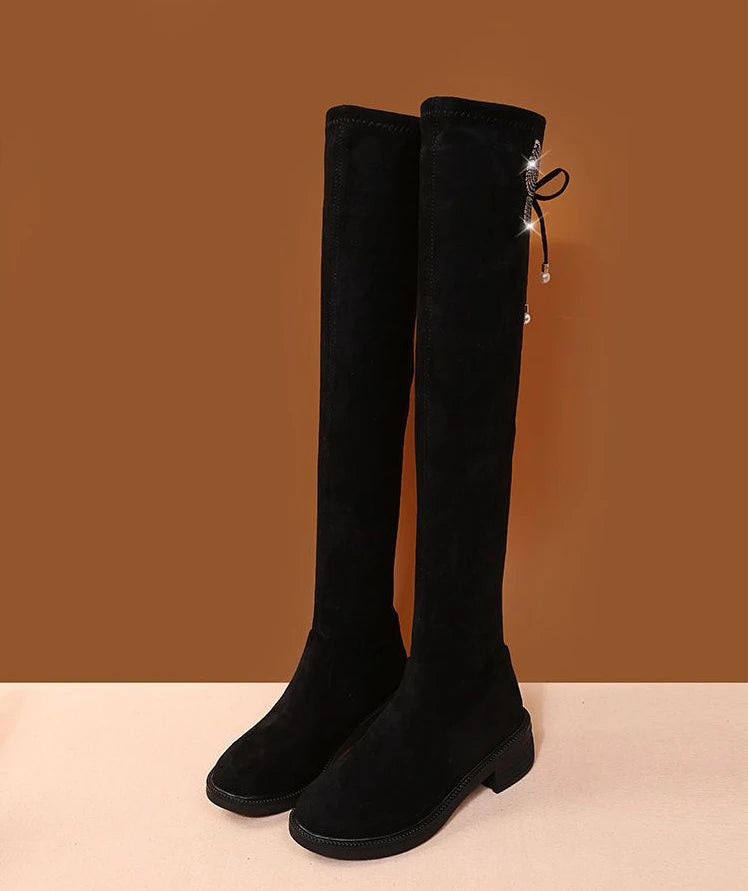 Women's Boots Rhinestone Shoes for Woman Thigh High Footwear Above Over The Knee Middle Heel with Laces Lace-up Quality New In