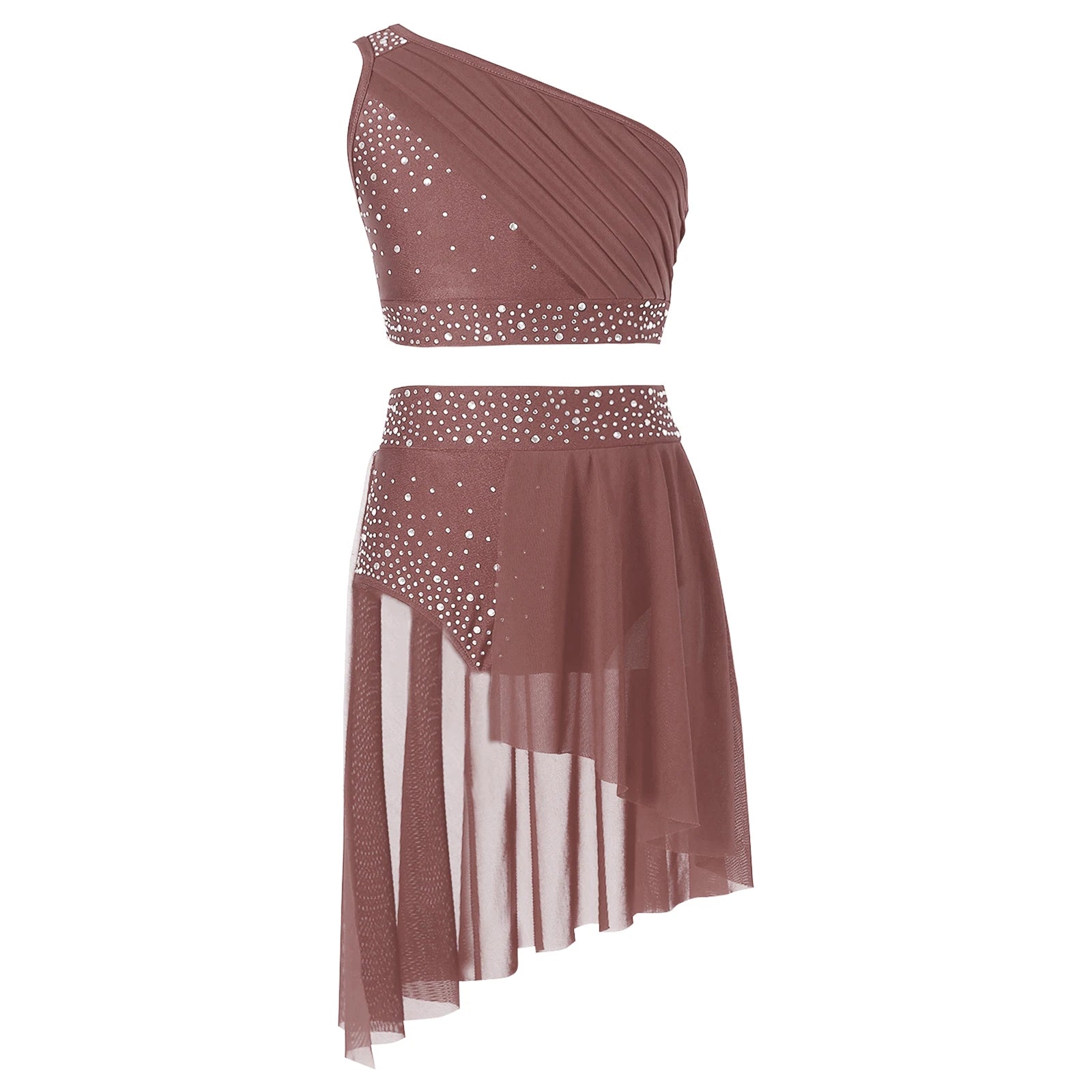 Girls Lyrical Dance Outfit Shiny One Shoulder Crop Top with Skirt for Jazz Skating Ballet Gymnastics Acrobatics Performance