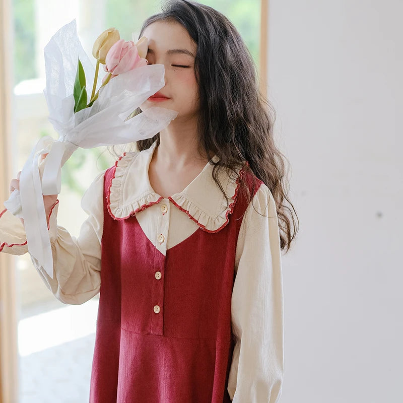 Girls Dress 2023 Winter Korean Style Children's Clothing Girls Fake Two-Piece Lapel Forest Fishtail Skirt Corduroy Princess Dress