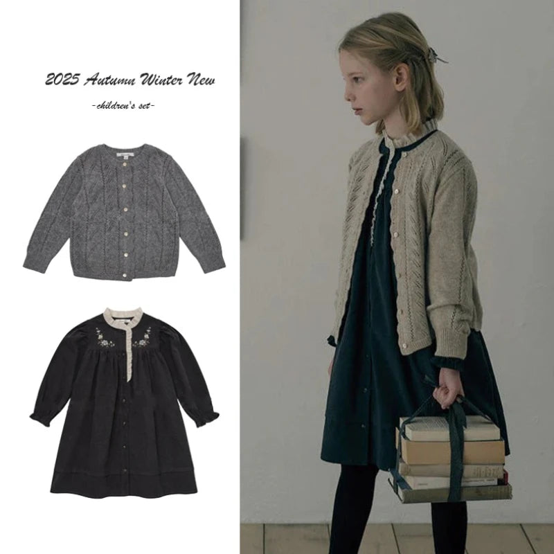 Girls Dresses 2025 Autumn Winter 100% Cotton Corduroy Black High-end Embroidered Dress Cardigan Woolen Sweater Kids's Clothing