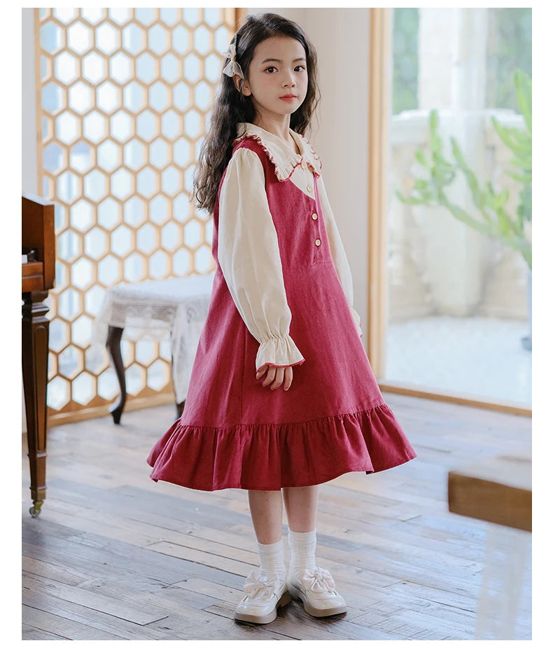 Girls Dress 2023 Winter Korean Style Children's Clothing Girls Fake Two-Piece Lapel Forest Fishtail Skirt Corduroy Princess Dress