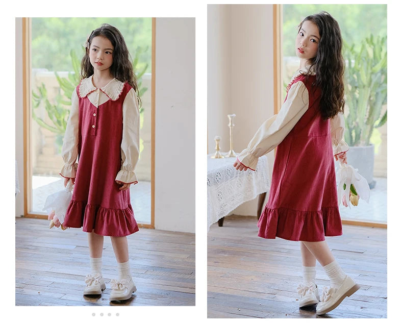 Girls Dress 2023 Winter Korean Style Children's Clothing Girls Fake Two-Piece Lapel Forest Fishtail Skirt Corduroy Princess Dress