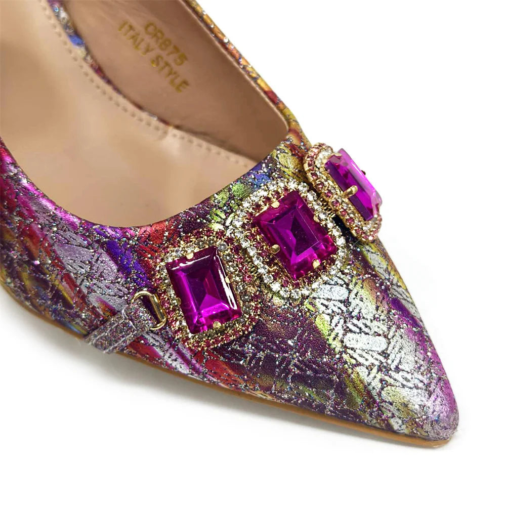 2024 Rhinestone Pointed-Toe High Heels Shoes and Bags Set for Women Wedding and Party Elegant Luxury Fashion in Wine Color