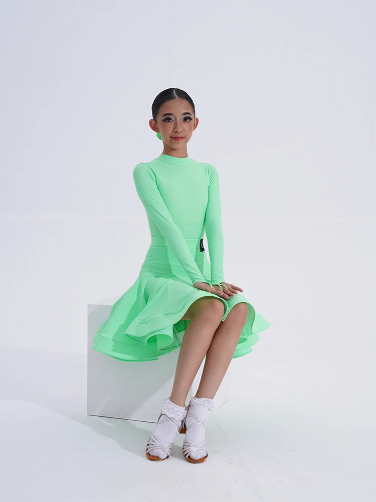 Girls Latin Dance Competition Clothing Glossy Fabric Long Sleeves Dance Dress Kids Cha Rumba Dance Practice Training Wear