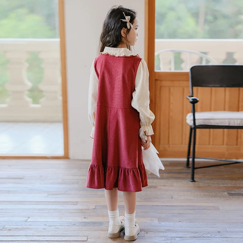 Girls Dress 2023 Winter Korean Style Children's Clothing Girls Fake Two-Piece Lapel Forest Fishtail Skirt Corduroy Princess Dress