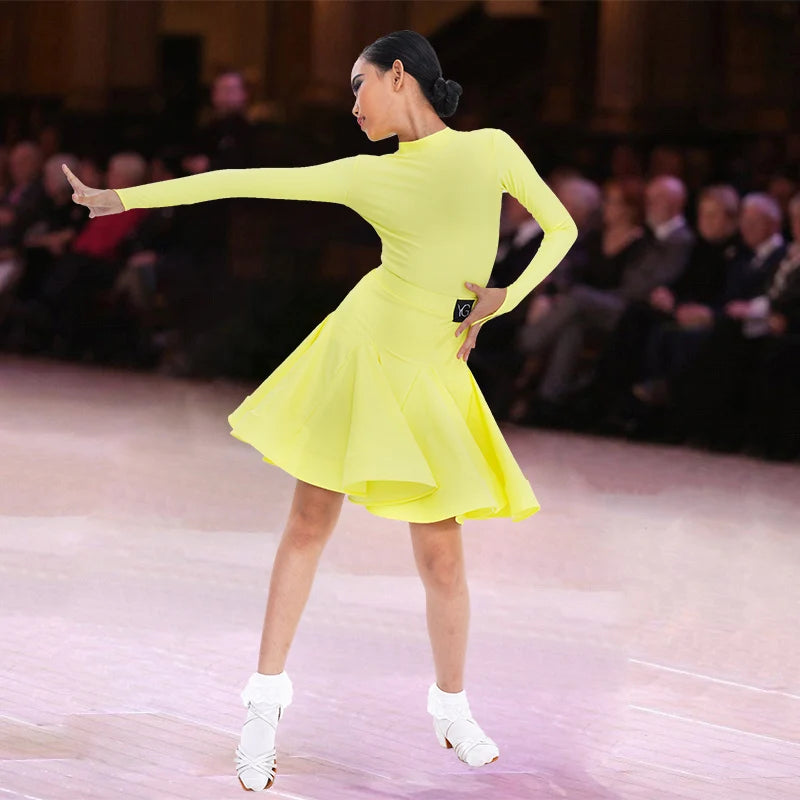 Girls Latin Dance Competition Clothing Glossy Fabric Long Sleeves Dance Dress Kids Cha Rumba Dance Practice Training Wear