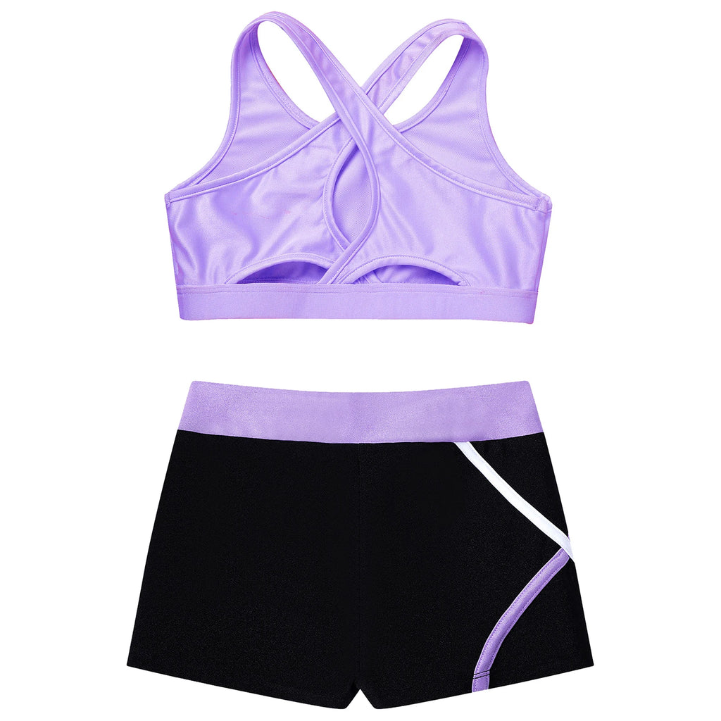 Kids Girls Dance Gymnastics Sports Outfits Sleeveless Crop Top with Shorts Tracksuit Set 2 PCS Yoga Workout Summer Girl Clothing