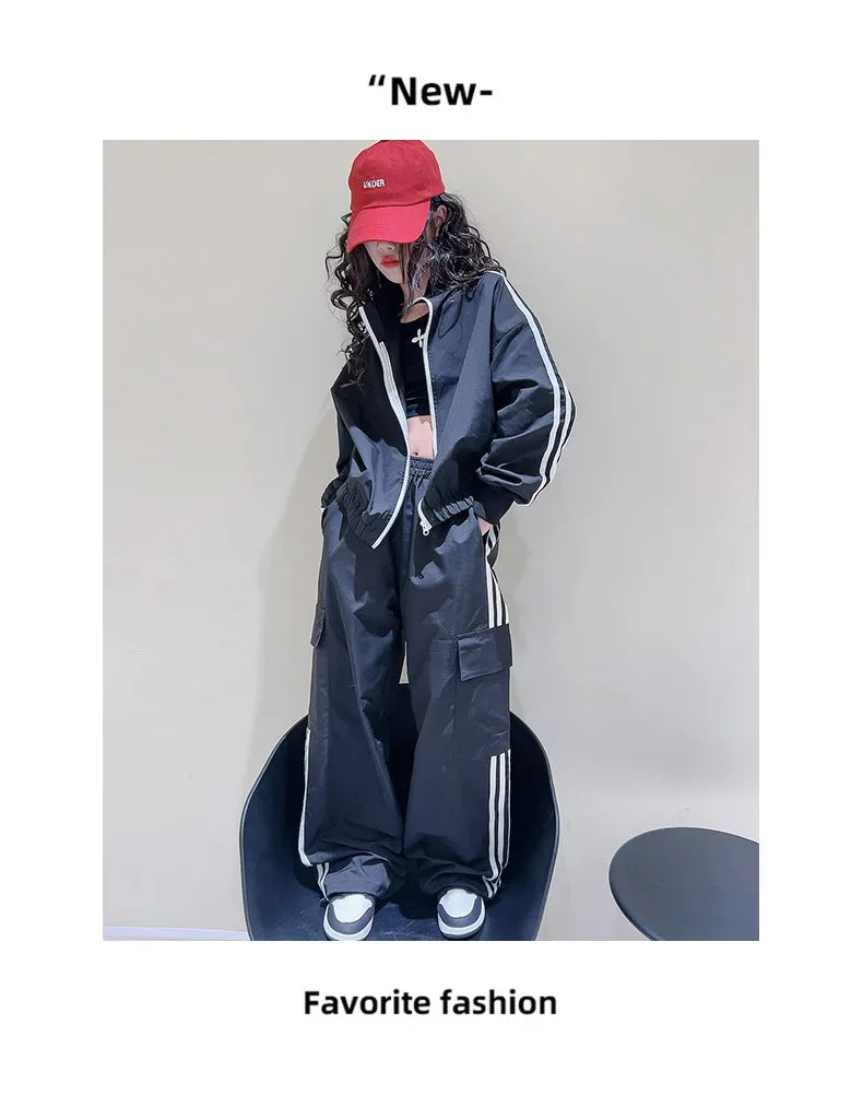 2025 New Girls Outfit Spring/fall Casual Striped Short Jacket  Wide Leg Pants 2-Pieces Fashion School Kids Sporty Tracksuit Set