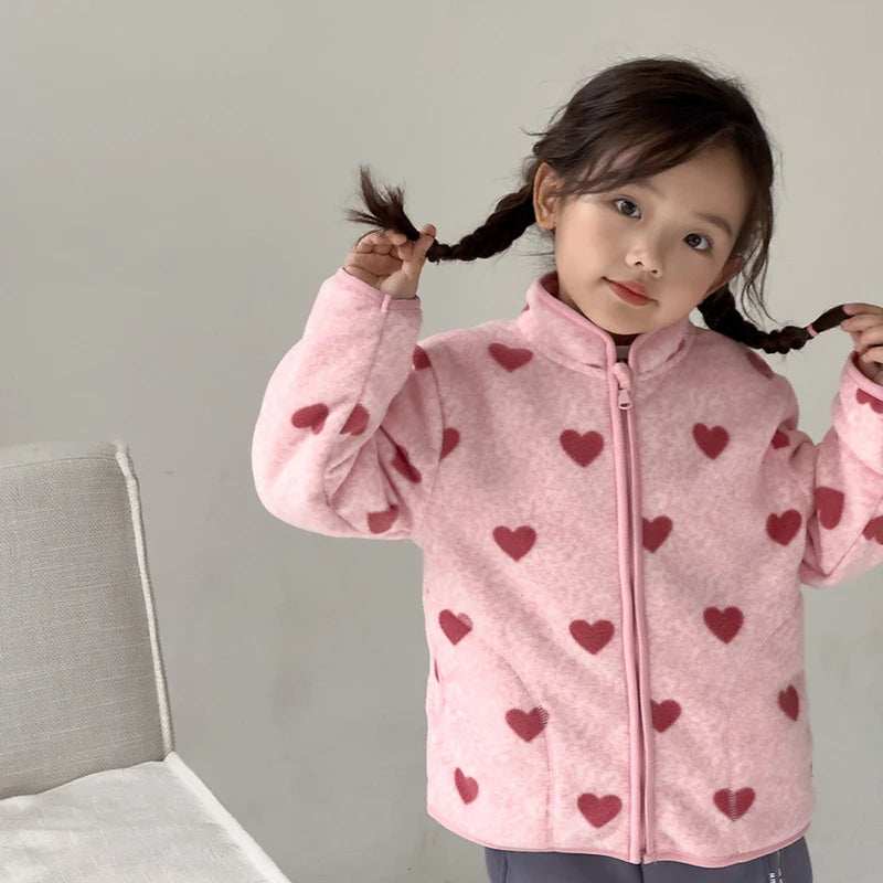 Girls Coats 1 to 8 Years Winter Children Clothes Double-Faced Heart Print Jackets Boys Plush Fleece Warm Outerwear Baby Clothing