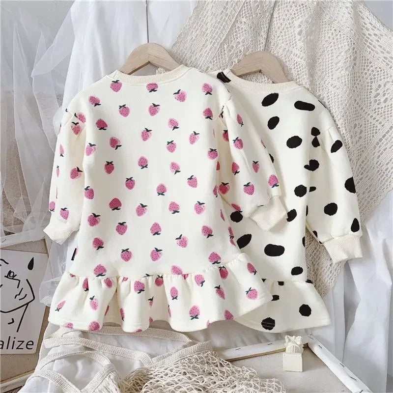 Girls Dress Autumn Spring New Girls' Splicing Pleated Dress Polka Dot Printed Baby Kids Casual Clothing
