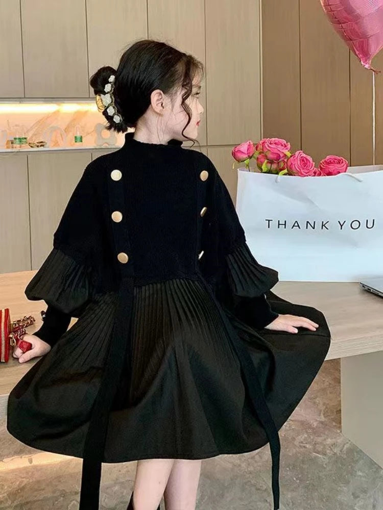 2025 Spring and Autumn New Girls' Dress Children's Clothing Black Design Sense Spliced Knitted Pleated Skirt