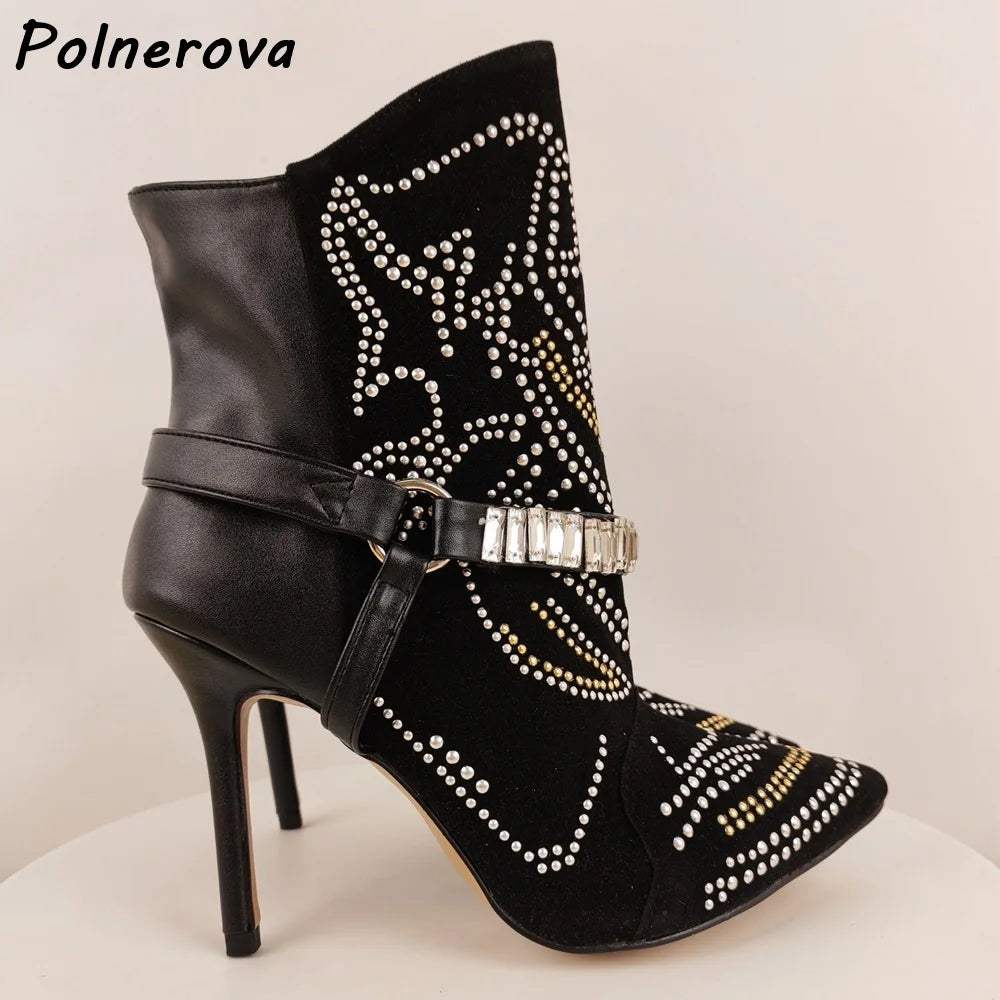 Rhinestone Black Ankle Boots Pointy Toe Thin Heels Slip On Bling Crystal Solid Sexy Boots Women's Winter Elegant Runway Shoes