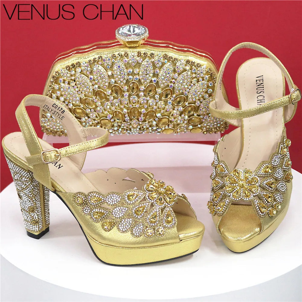 High Heel Shoes for Women Hollowed Out Embroidery Rhinestone Italian Design Rainbow Color Pointed-Toe Shoes and Bags Set