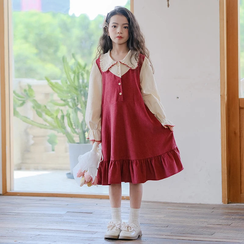 Girls Dress 2023 Winter Korean Style Children's Clothing Girls Fake Two-Piece Lapel Forest Fishtail Skirt Corduroy Princess Dress
