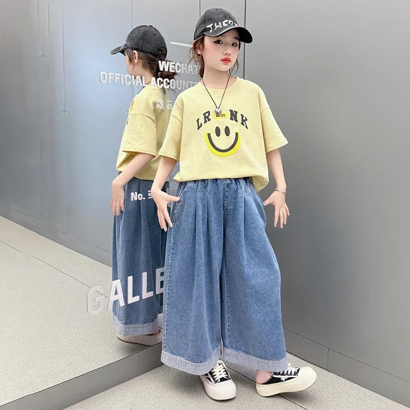 Girls Summer Clothes Sets Children Smiley Face Print Short-Sleeve T-Shirt + Denim Wide-Leg Pants Two-Piece Sets 2025 New