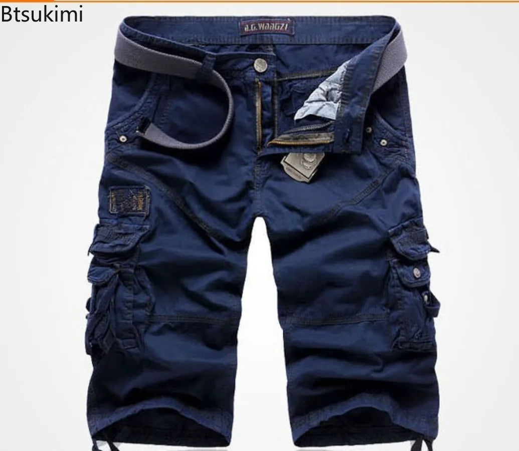 New Summer Casual Shorts Men's Solid Straight Cargo Shorts Outdoor Workout Joggers Pants Multi Pocket Knee Length Sweatpants Man