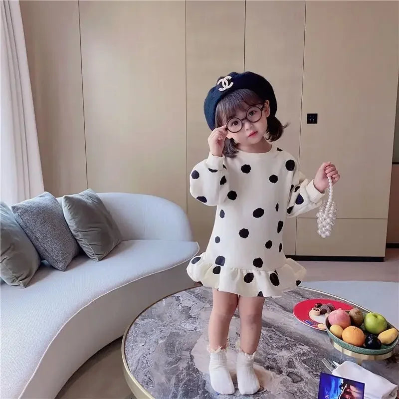 Girls Dress Autumn Spring New Girls' Splicing Pleated Dress Polka Dot Printed Baby Kids Casual Clothing