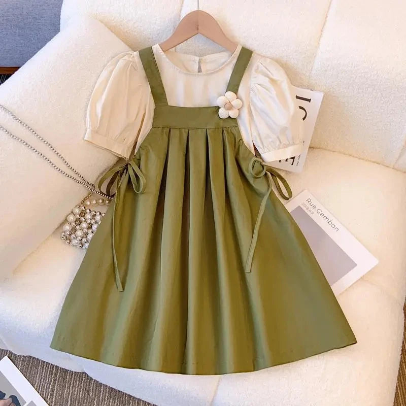 Baby Girls Clothes Summer Girls Dress Set Kids Top+Suspender Skirt 2Pic Children Flower Leisure Suit 3-14 Years Youth Clothing