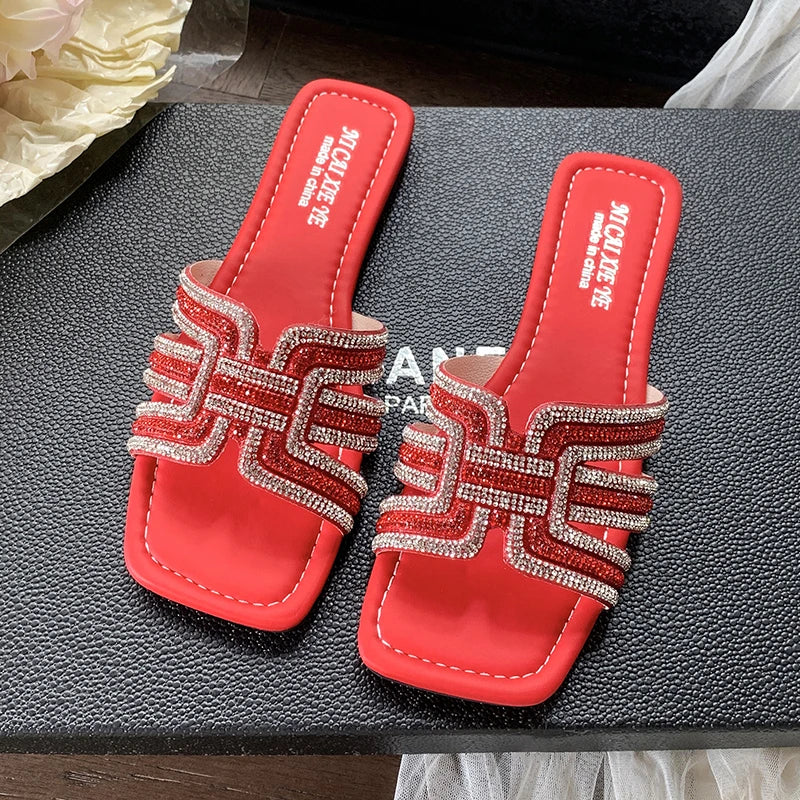 Women Rhinestone Slippers Summer Outdoor Slippers Fashion Non-Slip Beach Shoes Comfortable Flat Square Heel Sandals Slides Women