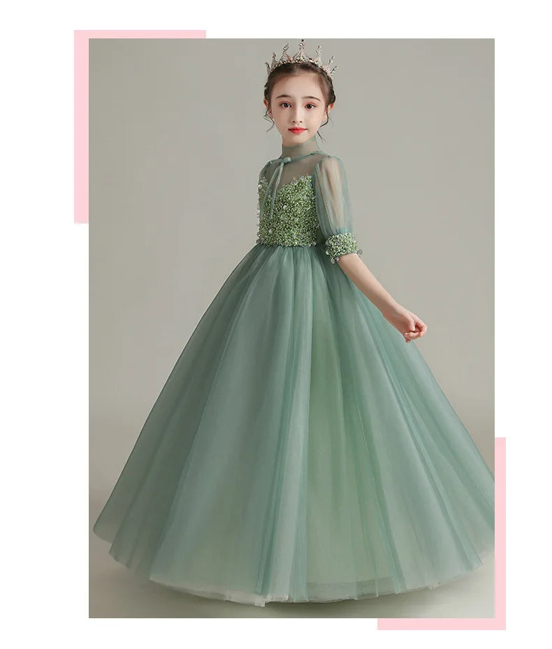 Children Clothing Green Dress for Girls 3 To 14 Year Elegant Formal Evening Dresses Long Luxury Cute Kid Wedding Party Ball Gown