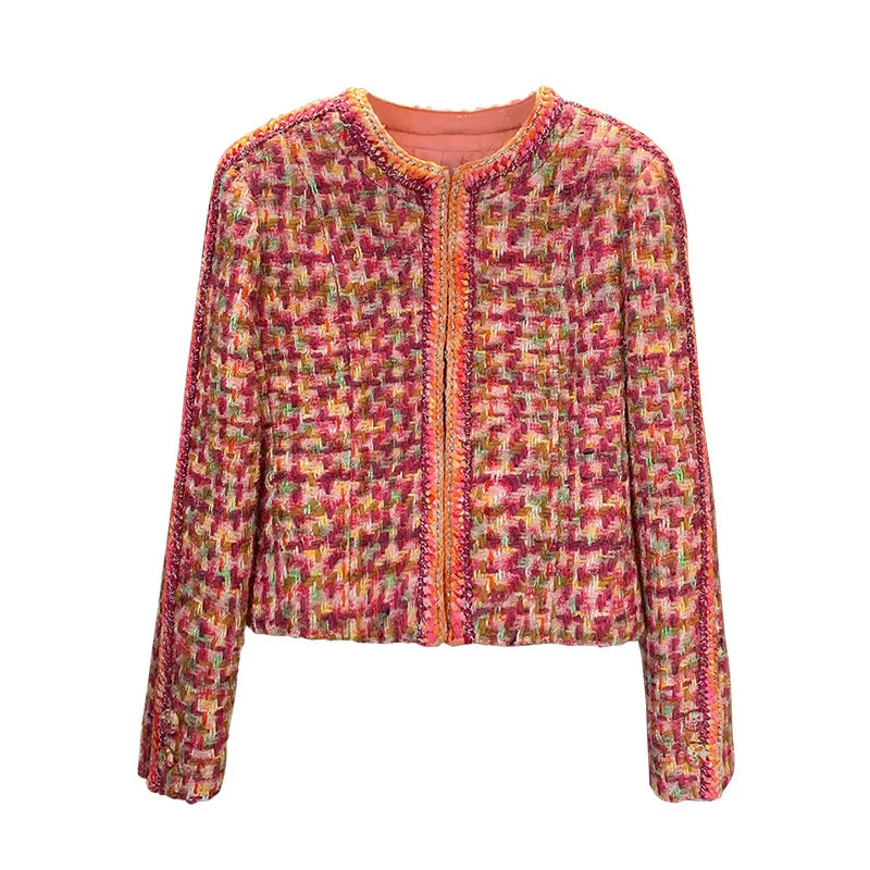 High-end Cropped Jacket for Women, 100% Wool Coat, Colorful Houndstooth, Plaid Tweed Jackets, Short Outwear, Runway Designer