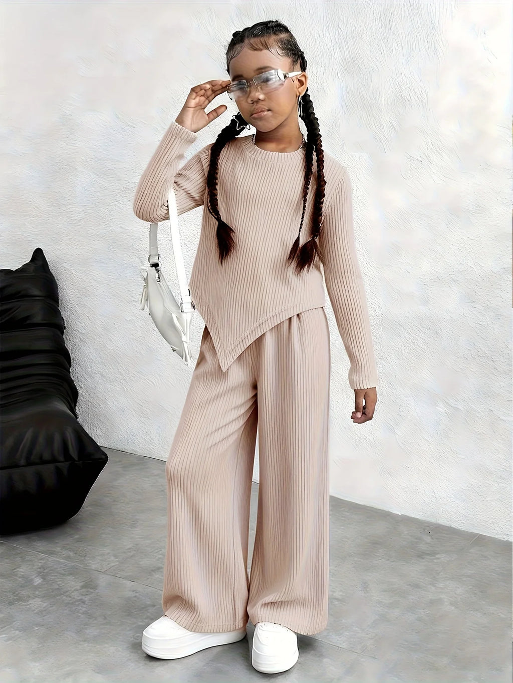 Girls' Solid-Colour Spring/Autumn Long-Sleeved Top and Casual Trousers Two-Piece Set, Trendy Outfit, Children's Fashion Clothing