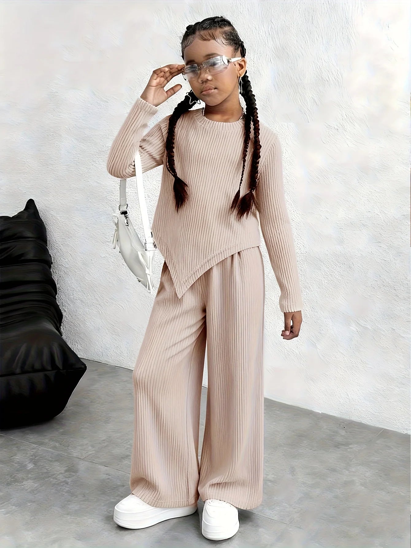 Girls' Solid-Colour Spring/Autumn Long-Sleeved Top and Casual Trousers Two-Piece Set, Trendy Outfit, Children's Fashion Clothing