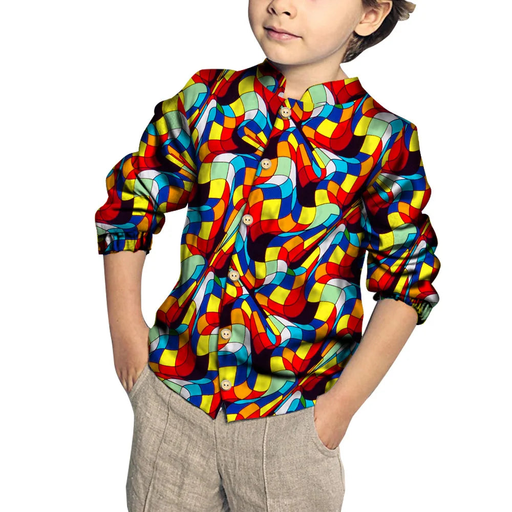 Kids Clothing Kids Boys African Fashion New Boy's Tops Bazin Riche African Wax Print Patchwork Cotton Shirt for Boys