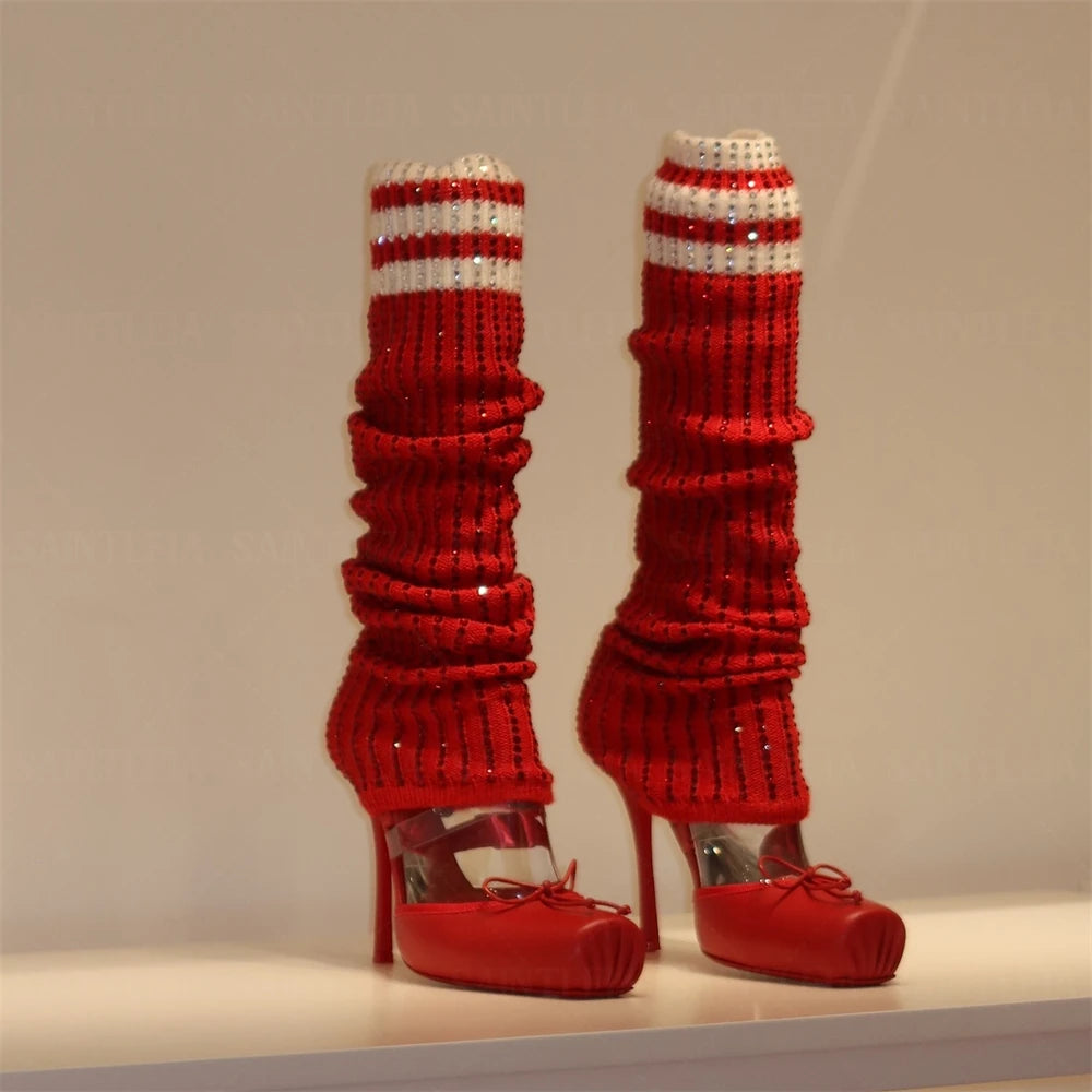 Rhinestone Socks Stiletto Booties Ballerina Bow Crepe Square Toe High Heel Pumps Multicolor Elegant Style Women's Mid-Calf Boots