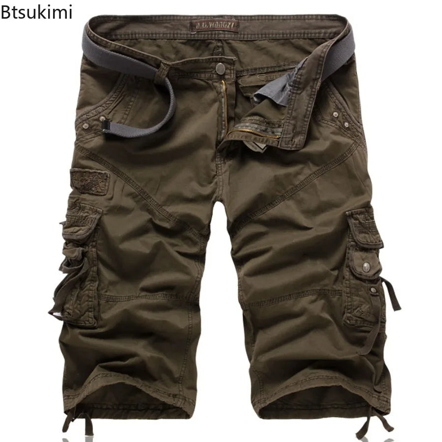 New Summer Casual Shorts Men's Solid Straight Cargo Shorts Outdoor Workout Joggers Pants Multi Pocket Knee Length Sweatpants Man