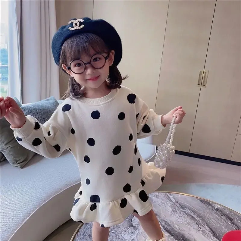 Girls Dress Autumn Spring New Girls' Splicing Pleated Dress Polka Dot Printed Baby Kids Casual Clothing