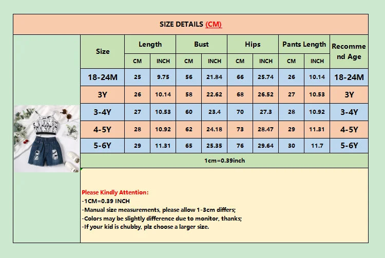2PCS Kids Girl Clothing Set Character Print Sleeveless Top+Denim Shorts Fashion Personality Outfit for Children Girls 1-6 Years