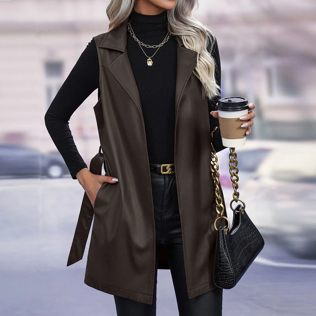 Women Jackets Fashion Leather Vest Sleeveless Coat Suit Collar Slim Spring Autumn Windbreaker Coat For Outdoor Daily Wear