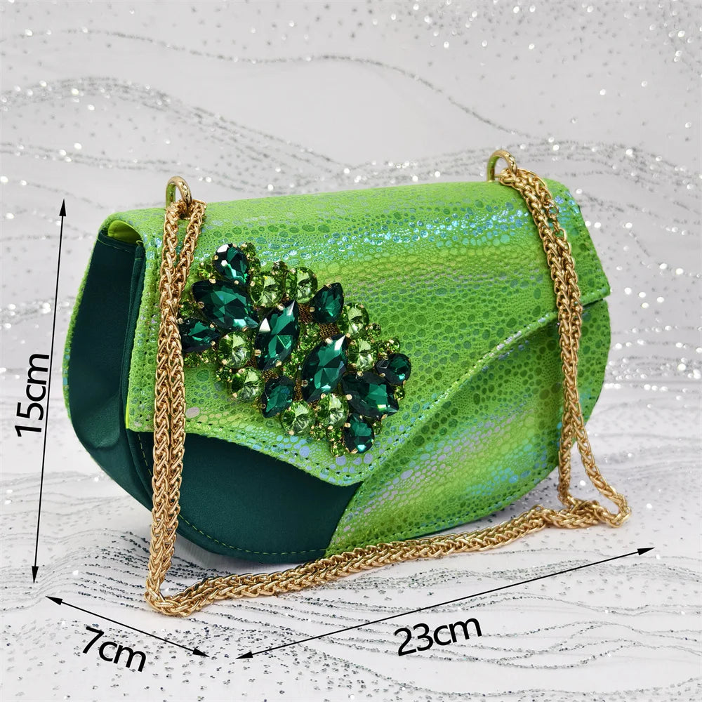 2025 New Rhinestone Design African Shoes & Bag Set in Green – Open Toe Comfortable Women's Heels - Hot Sale on Instagram