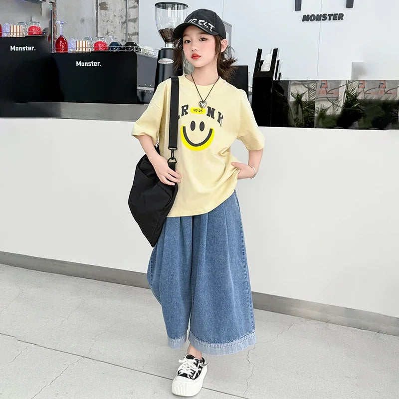 Girls Summer Clothes Sets Children Smiley Face Print Short-Sleeve T-Shirt + Denim Wide-Leg Pants Two-Piece Sets 2025 New