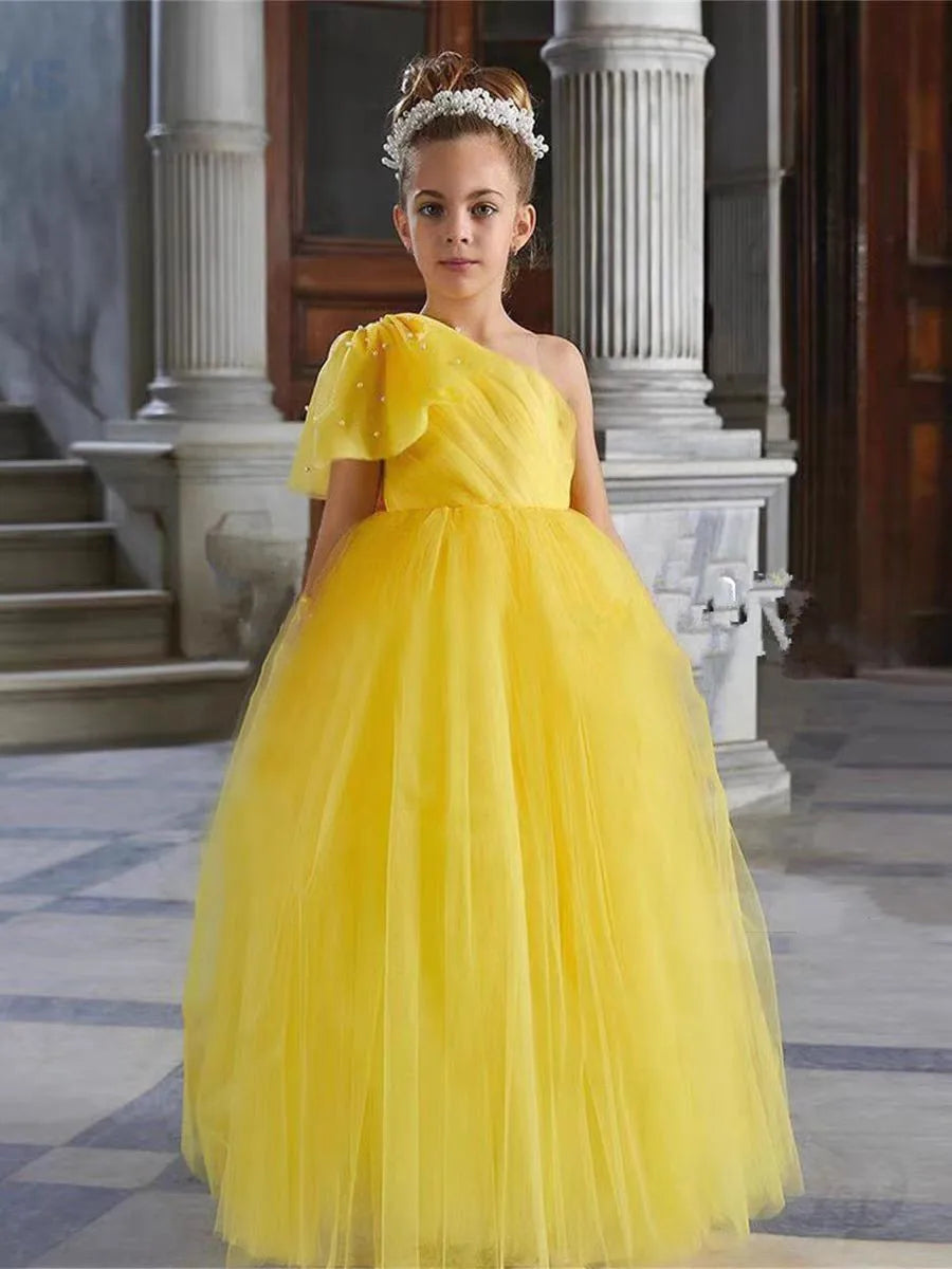 Girls Elegant Dress Tulle Evening Dresses Fashion Ball Performance Gown Solid Simple Girls Clothing Children Summer Frocks