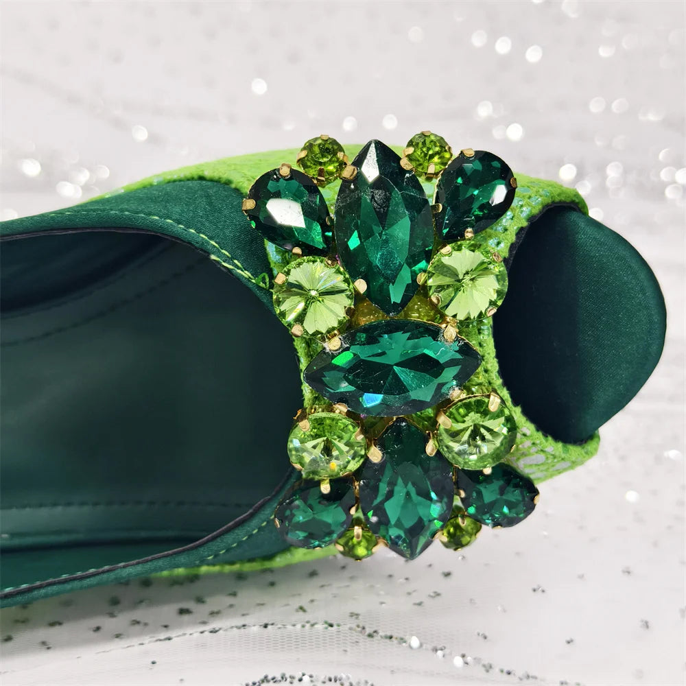 2025 New Rhinestone Design African Shoes & Bag Set in Green – Open Toe Comfortable Women's Heels - Hot Sale on Instagram